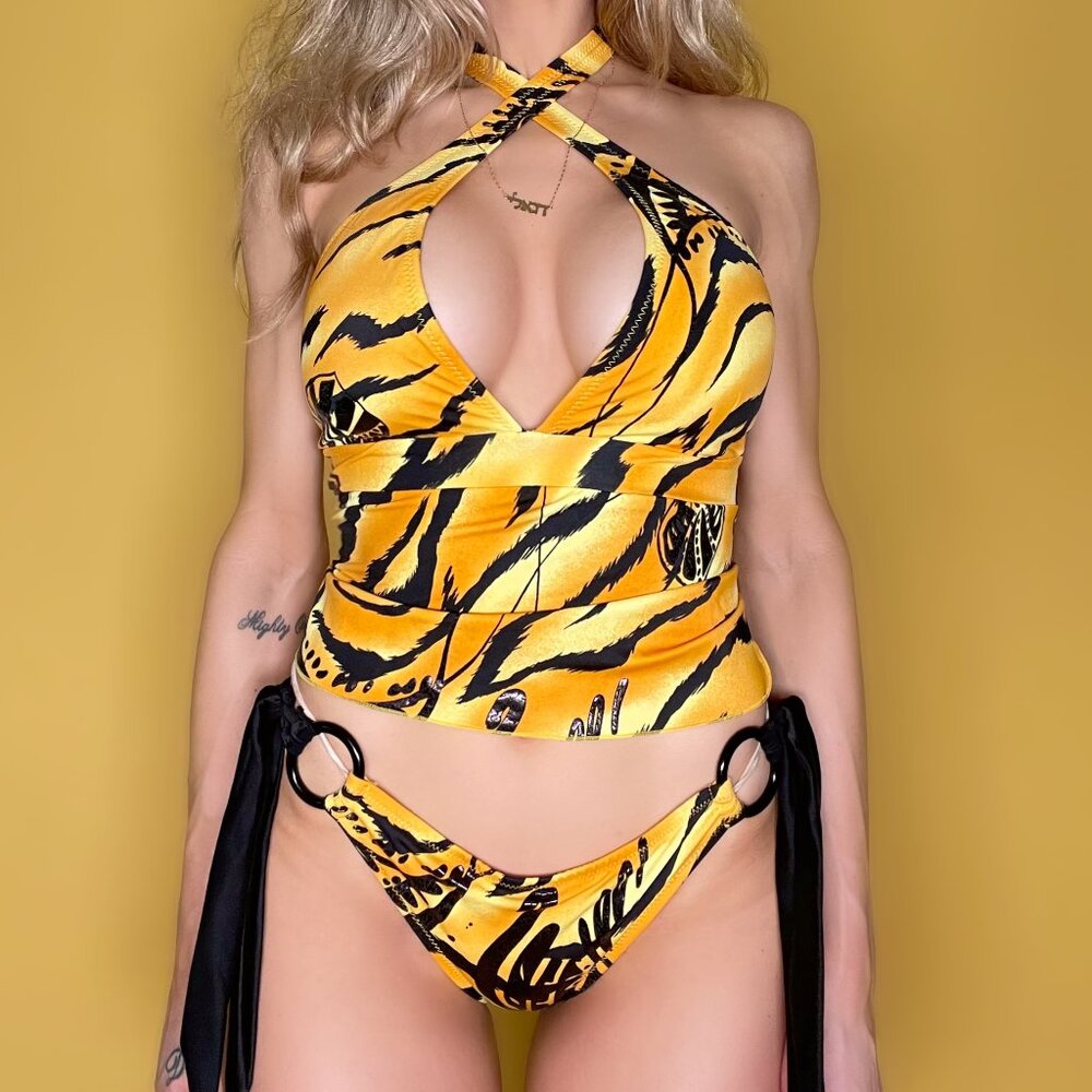 90s Animal Plunge Compression Crop Tankini Swimsuit Top Modest | Boho Animal